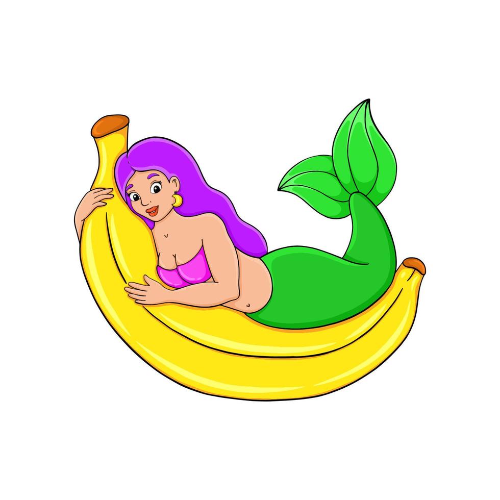 A beautiful mermaid lies on a banana. Cartoon character. Colorful vector illustration. Isolated on white background. Design element. Template for your design, books, stickers, cards.