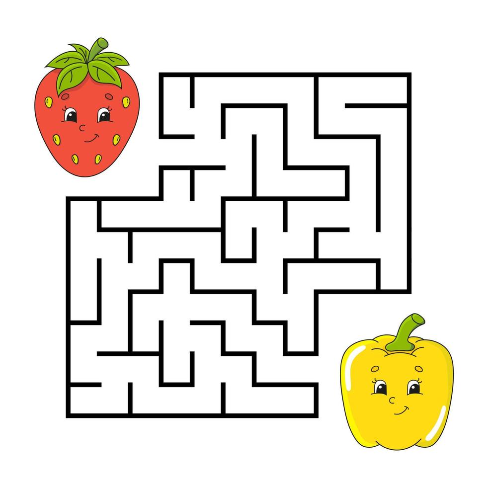 Square maze. Game for kids. Puzzle for children. Labyrinth conundrum. Color vector illustration. Isolated vector illustration. cartoon character. Vegetable theme.