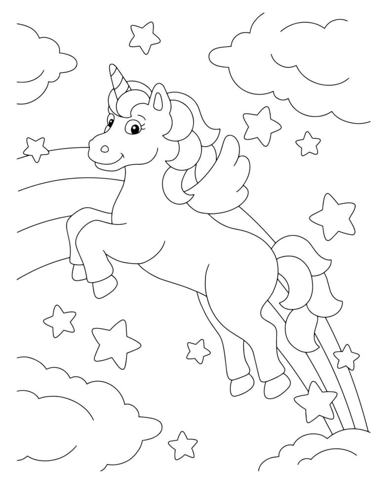 A cute unicorn flying across the sky. Coloring book page for kids. Cartoon style character. Vector illustration isolated on white background.