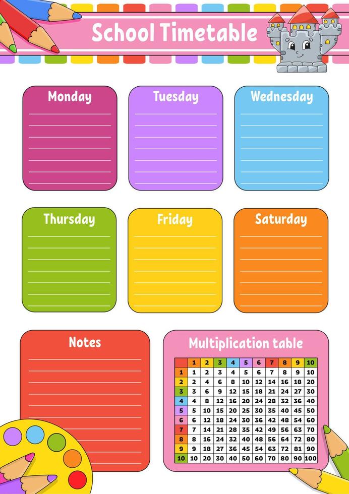 School timetable with multiplication table. For the education of children. Isolated on a white background. With a cute cartoon character. vector