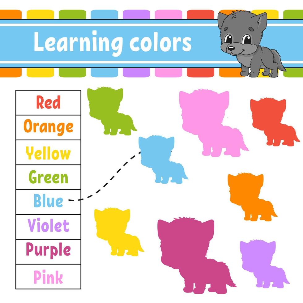 Learning colors. Education developing worksheet. Activity page with pictures. Game for children. Isolated vector illustration. Funny character. cartoon style.