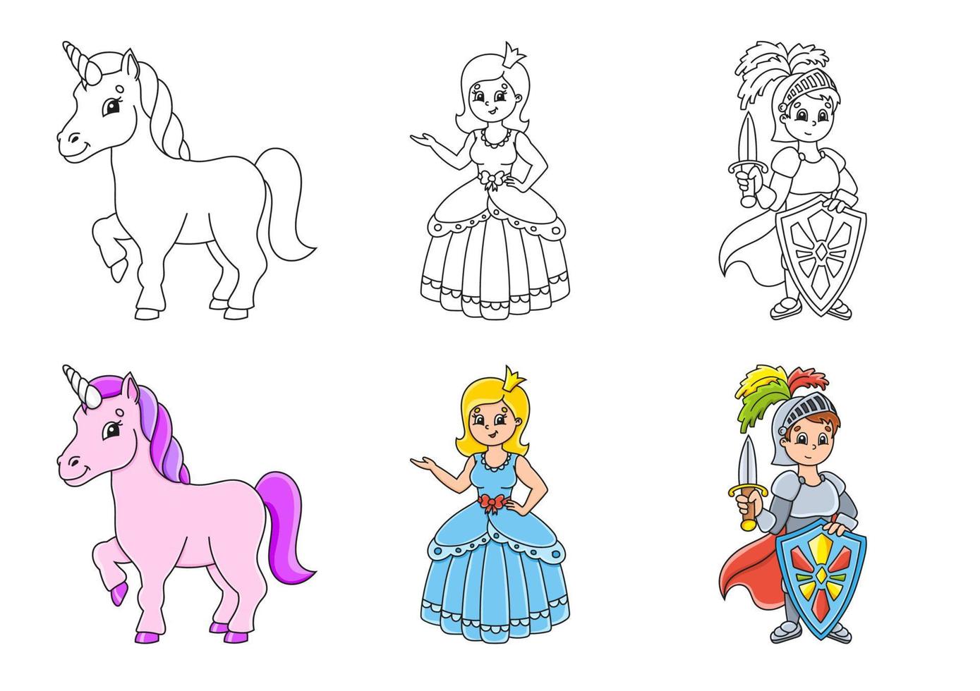 Set coloring page for kids. Fairytale theme. Cute cartoon characters. Black stroke. With sample. Vector illustration.