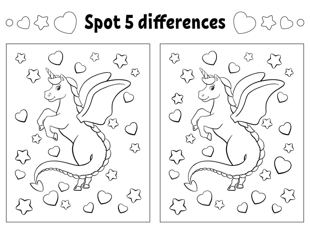 Find five differences. Coloring page for kids. Activity worksheet for children. Vector illustration isolated on white background.