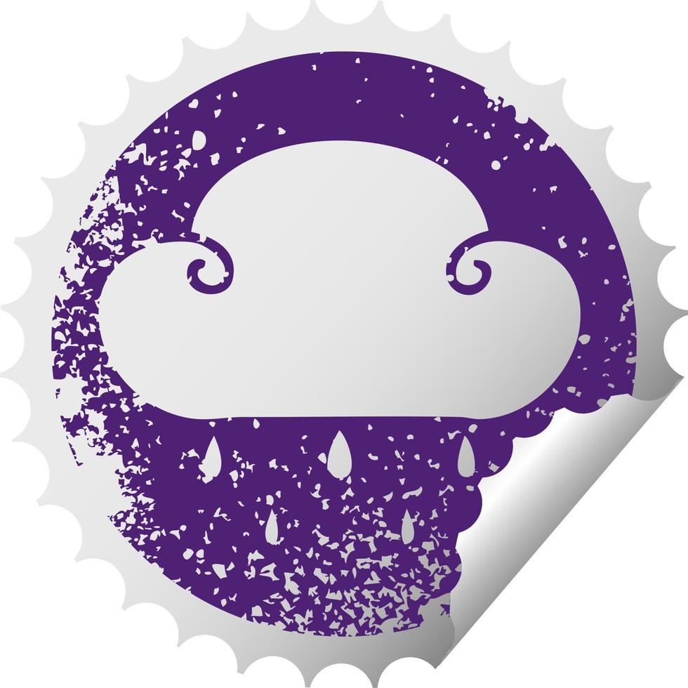 quirky distressed circular peeling sticker symbol rain cloud vector