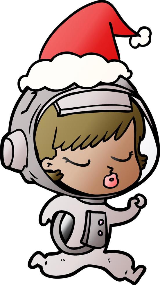 gradient cartoon of a pretty astronaut girl running wearing santa hat vector