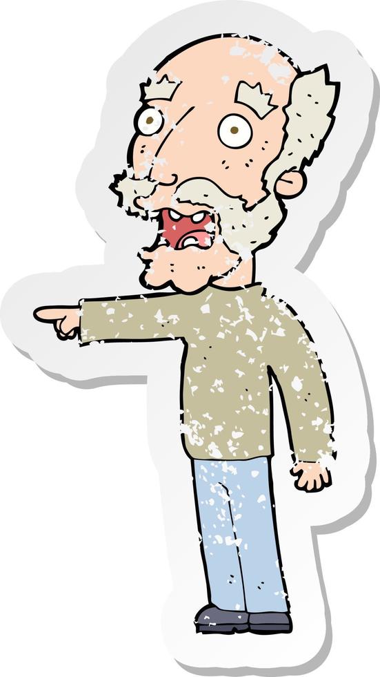 retro distressed sticker of a cartoon scared old man pointing vector