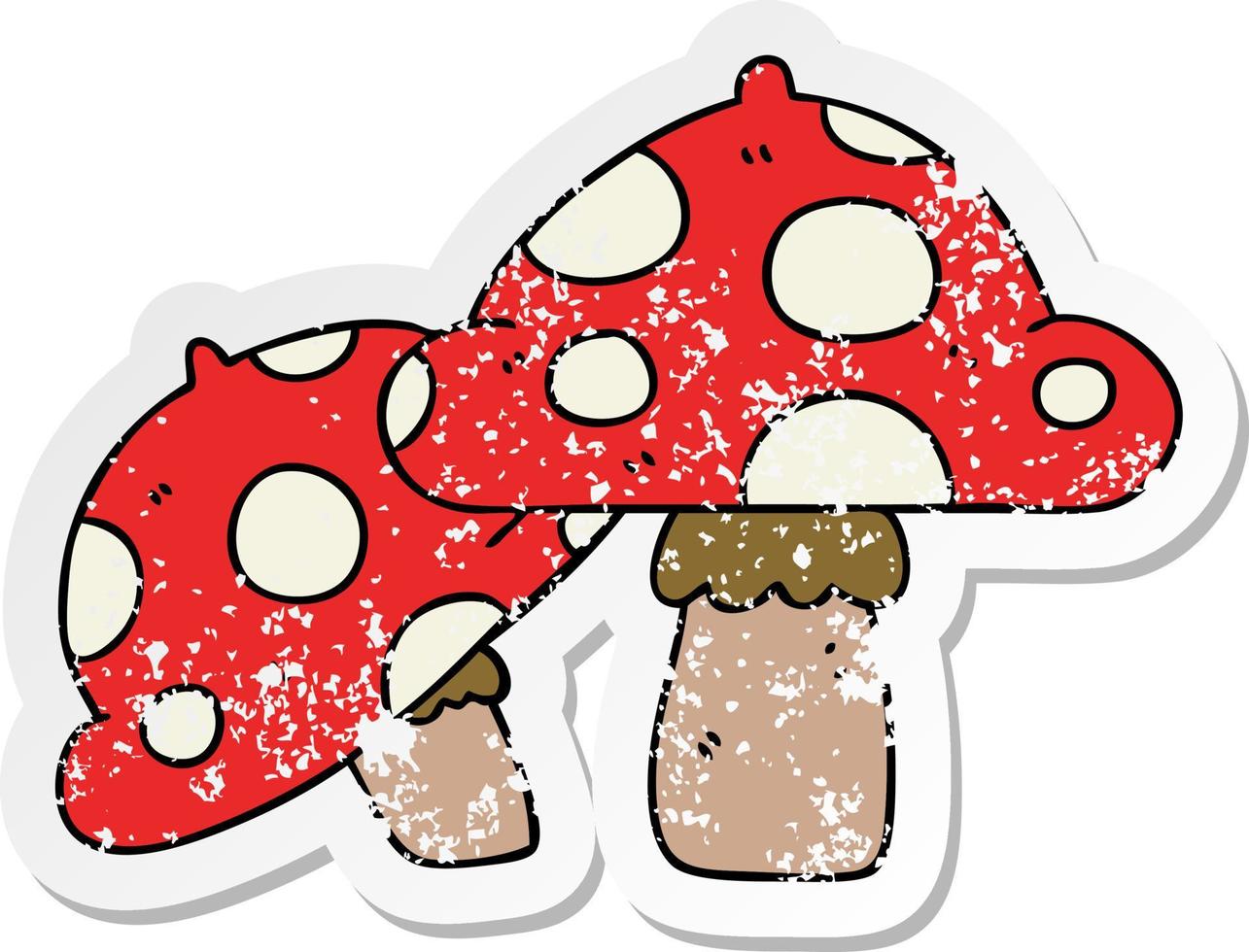 distressed sticker of a quirky hand drawn cartoon toadstools vector