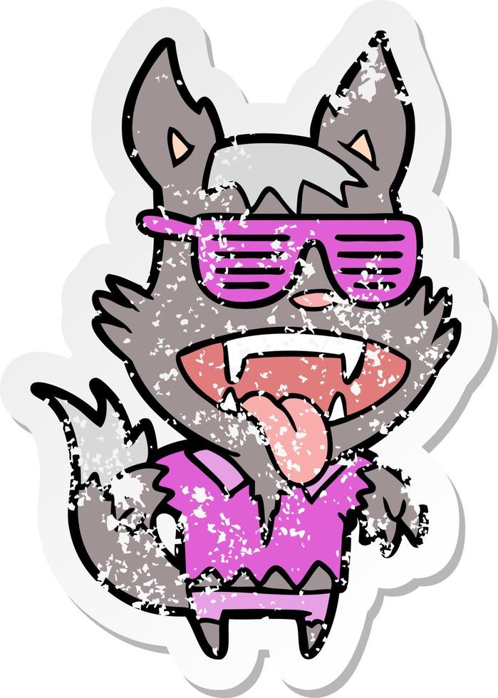 distressed sticker of a cartoon super cool werewolf vector