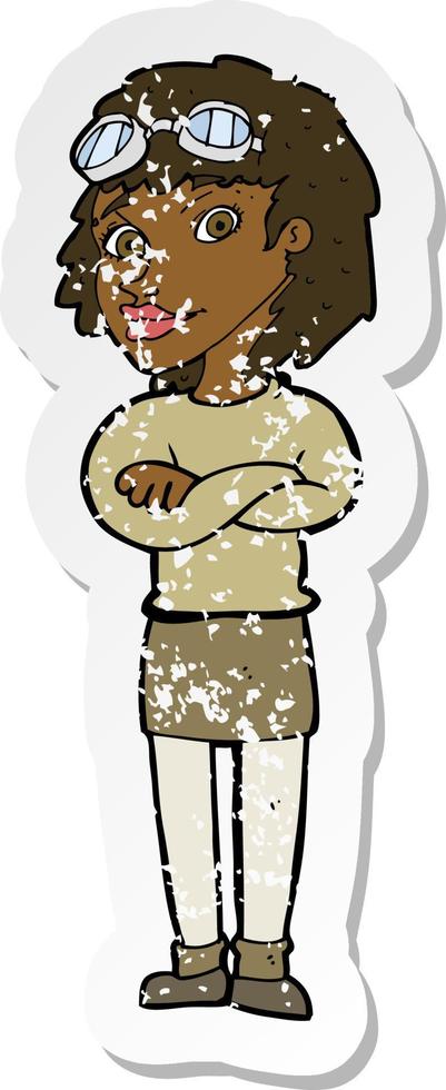 retro distressed sticker of a cartoon woman with crossed arms and safety goggles vector