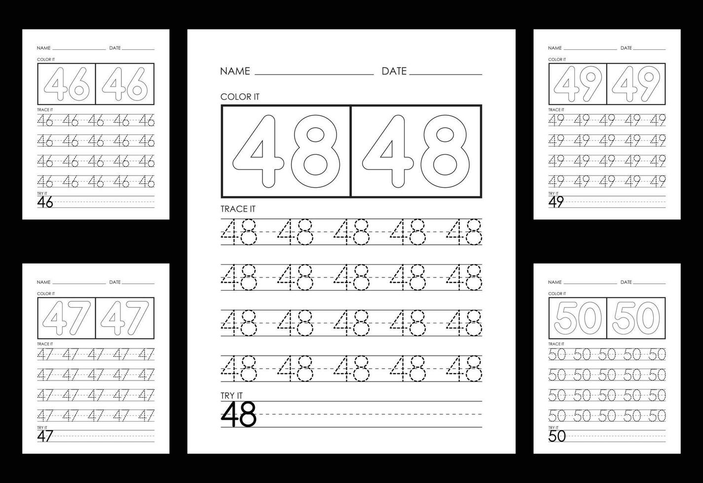 Tracing And Coloring Numbers Worksheets Learn Numbers. vector