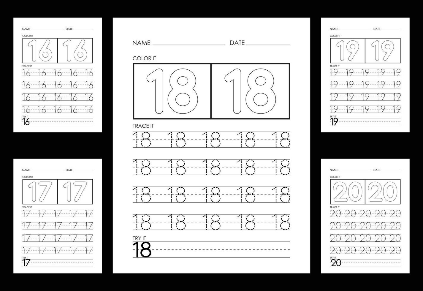 Tracing And Coloring Numbers Worksheets Learn Numbers. vector