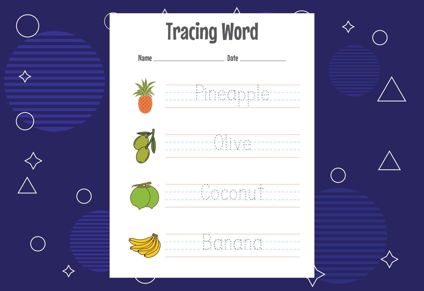 Word tracing worksheets for kids. Letters trace exercises for kids vector