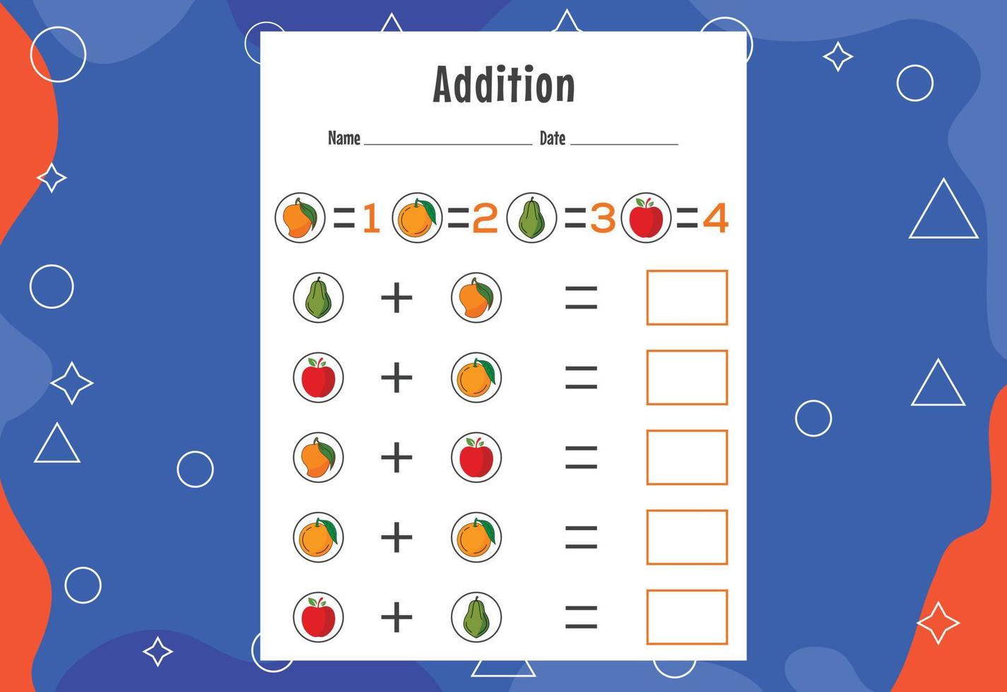 Addition with different elements for kids. An educational page for kids. Vector design
