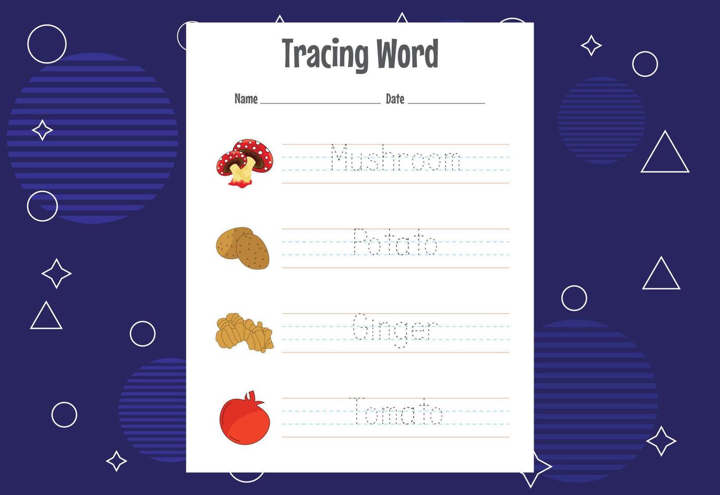 Word tracing worksheets for kids. Letters trace exercises for kids vector