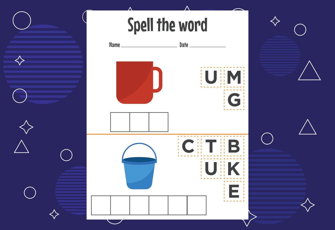 Spelling the word worksheet vector illustration. Spelling game for kids.