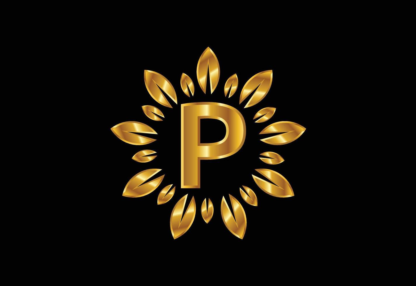 Initial P monogram letter alphabet with golden leaf wreath. Flower logo design concept vector