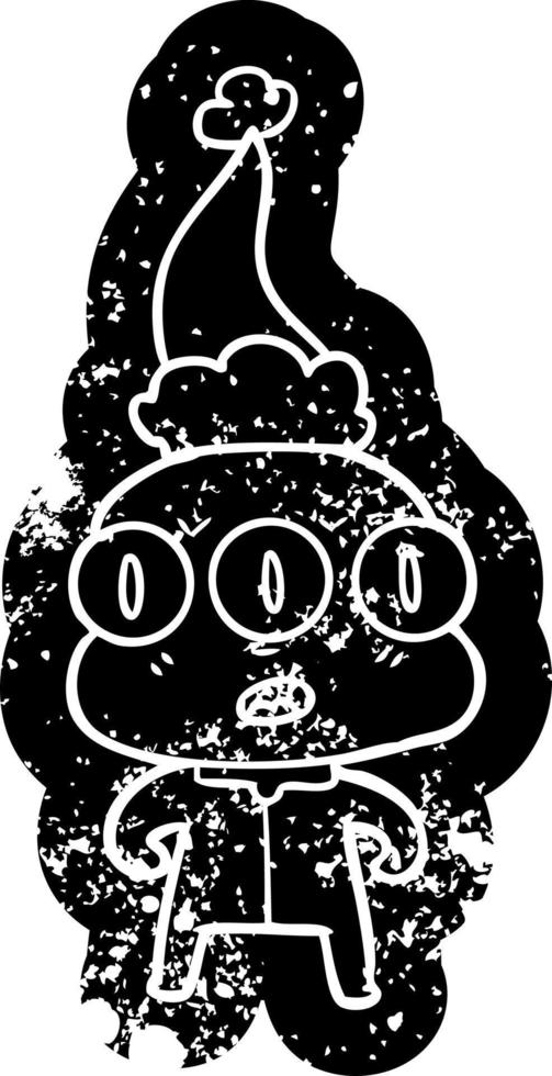 cartoon distressed icon of a three eyed alien wearing santa hat vector