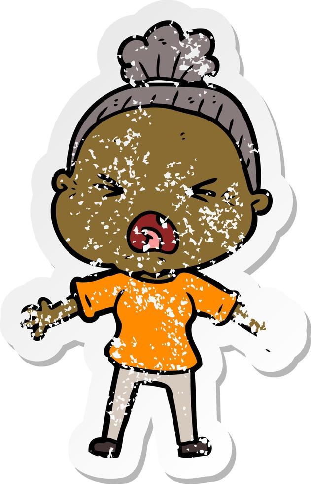 distressed sticker of a cartoon angry old woman vector