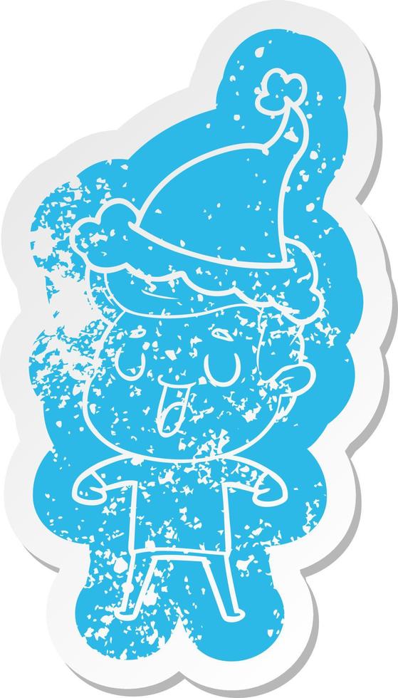 happy cartoon distressed sticker of a man wearing santa hat vector