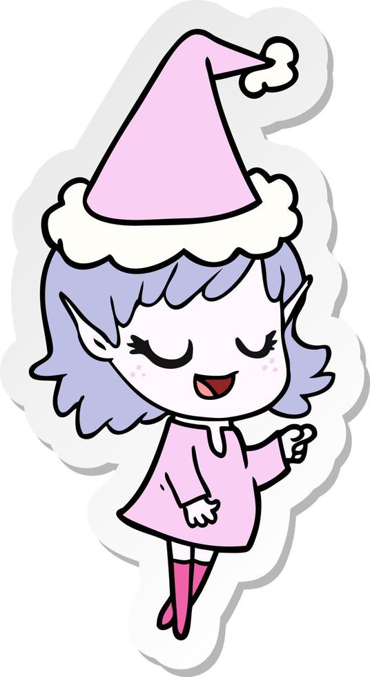 happy sticker cartoon of a elf girl pointing wearing santa hat vector