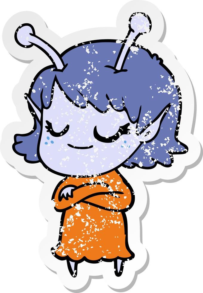distressed sticker of a smiling alien girl cartoon vector
