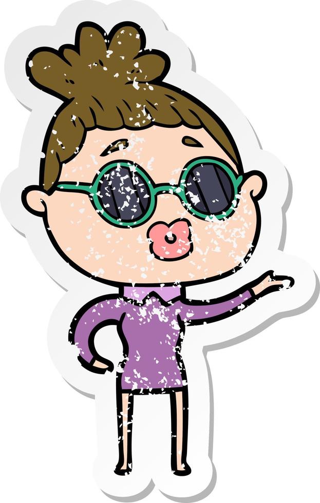 distressed sticker of a cartoon woman wearing sunglasses vector