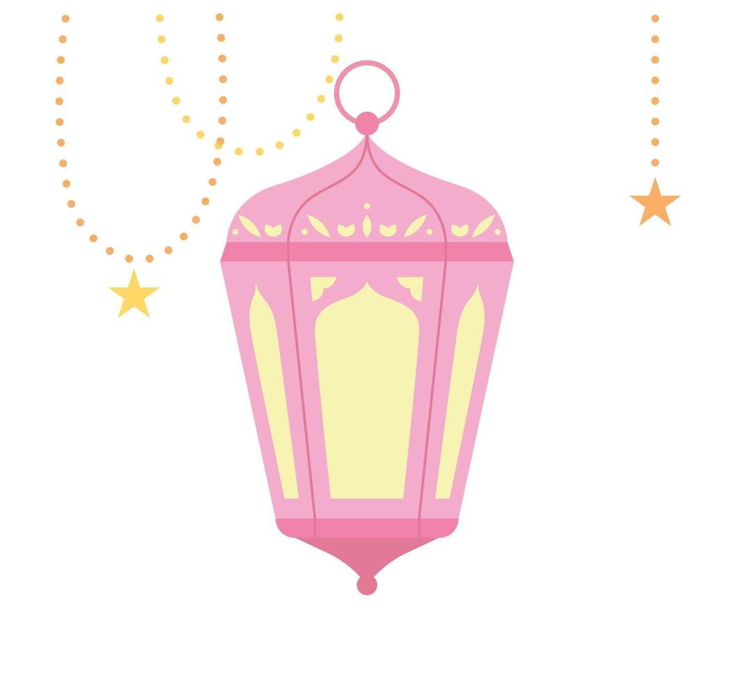 Pink color lantern and gold string with beautiful Arabic patterns. vector