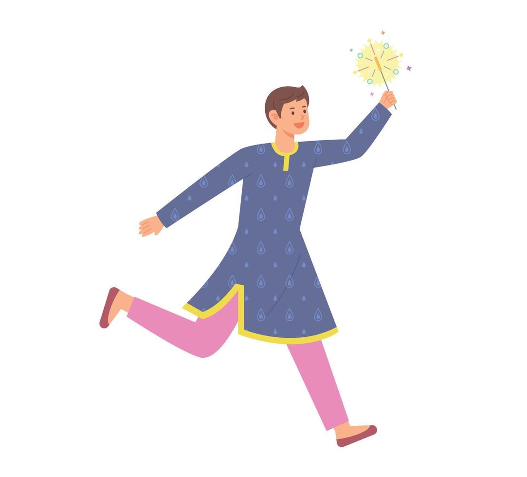 A man in traditional Indian costume is rejoicing with a sparkler in his hand. vector