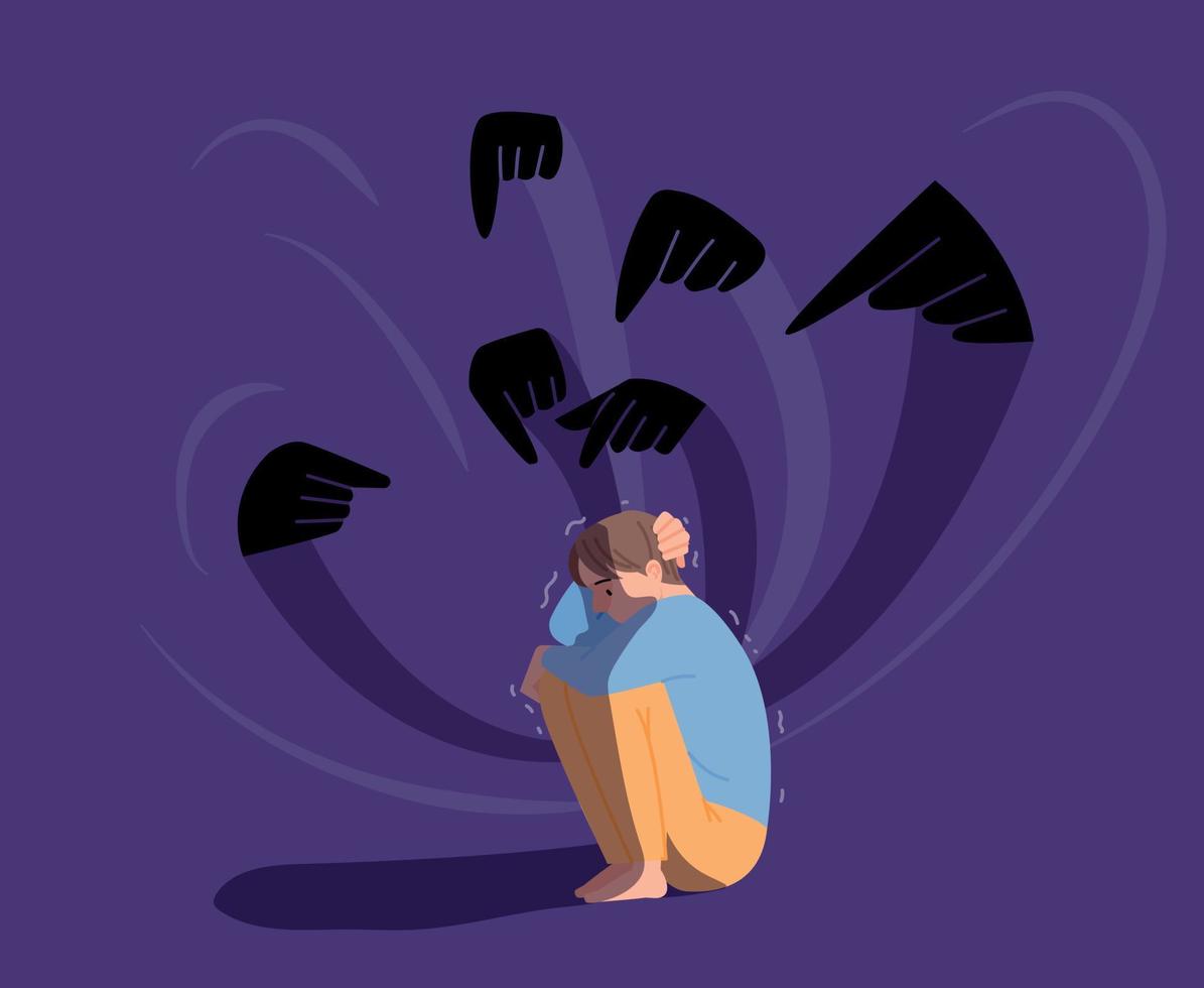 A man is sitting on the floor with his head wrapped around him. Shadow hands are pointing at him and accusing him. flat design style vector illustration.