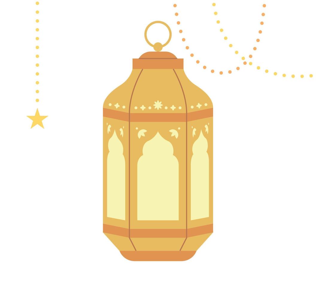 yellow color lantern and gold string with beautiful Arabic patterns. vector
