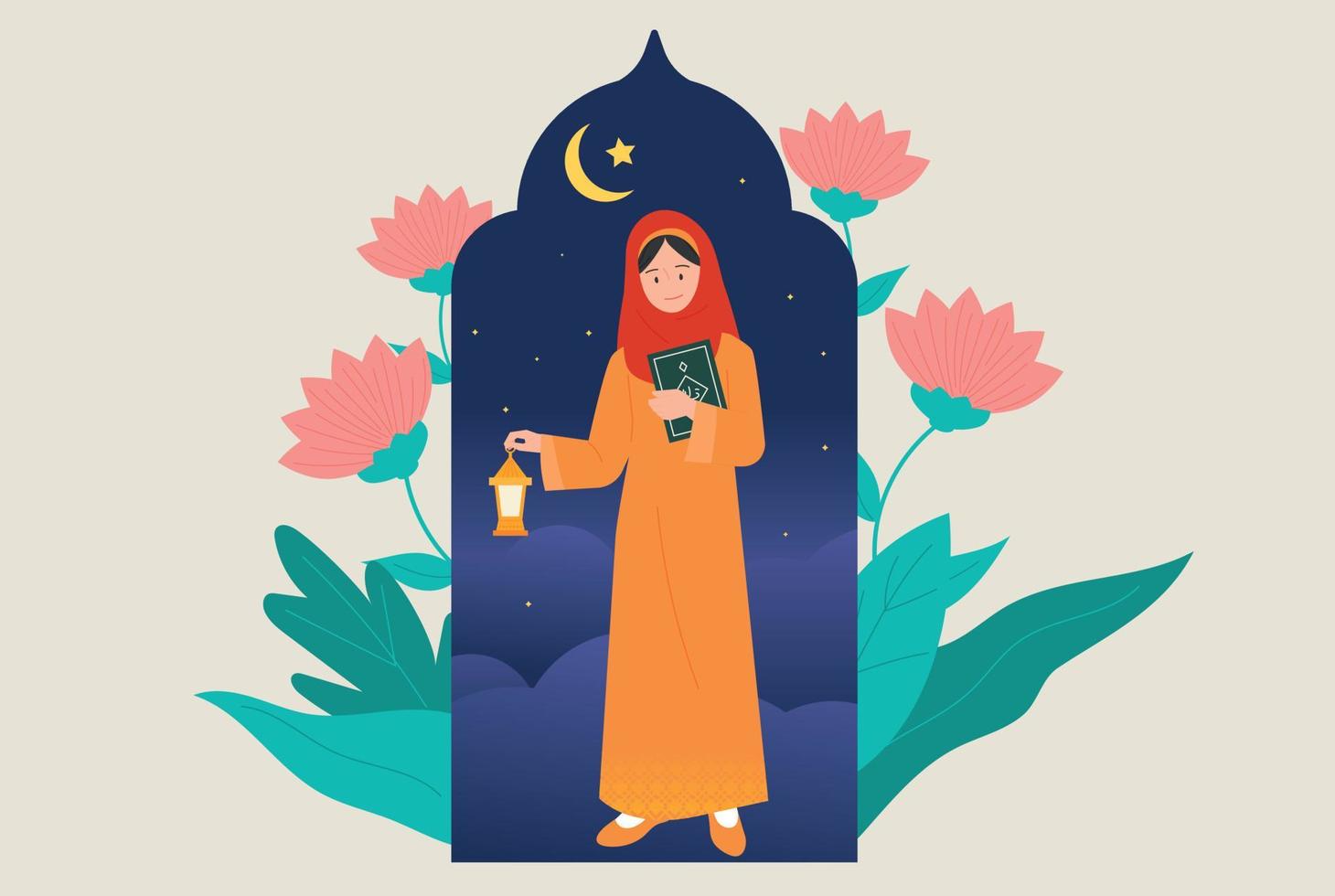 A woman in a hijab is standing with a lamp in her hand and a book in the other. Flowers are decorated around her. vector