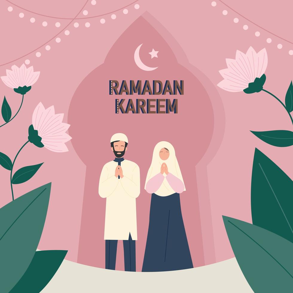 A man and a woman in traditional Arabic costumes are praying. Flowers are decorated around it. traditional background. vector