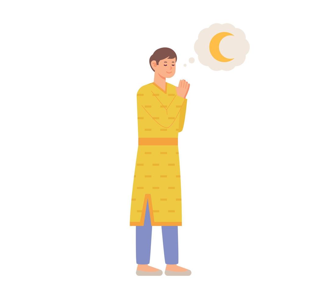 A man in traditional Indian clothes is praying while looking at the moon. vector