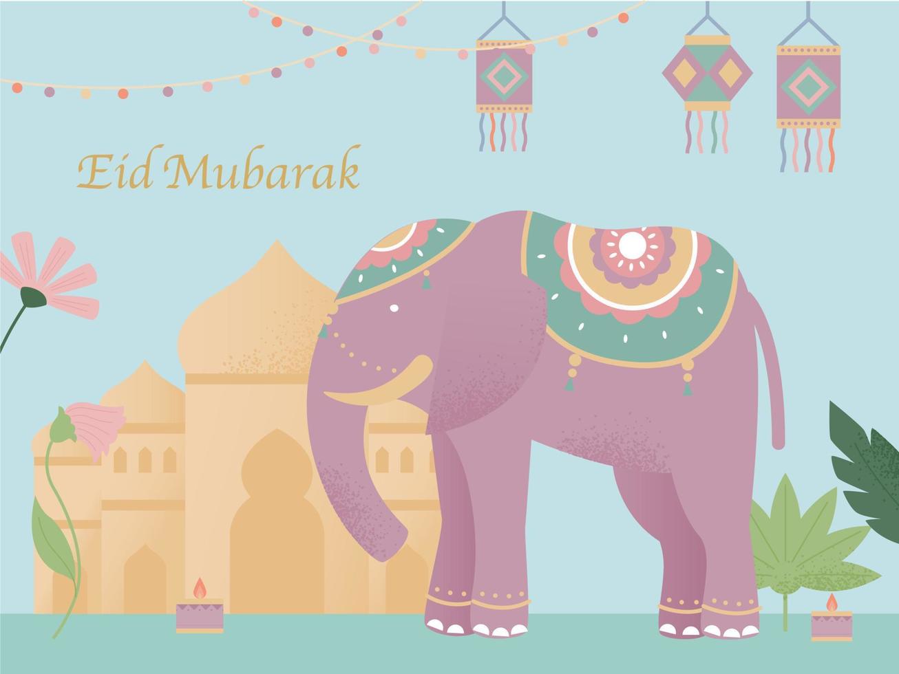 Eid Mubarak banner poster. Decorated elephants, festive lanterns and Muslim mosques. vector
