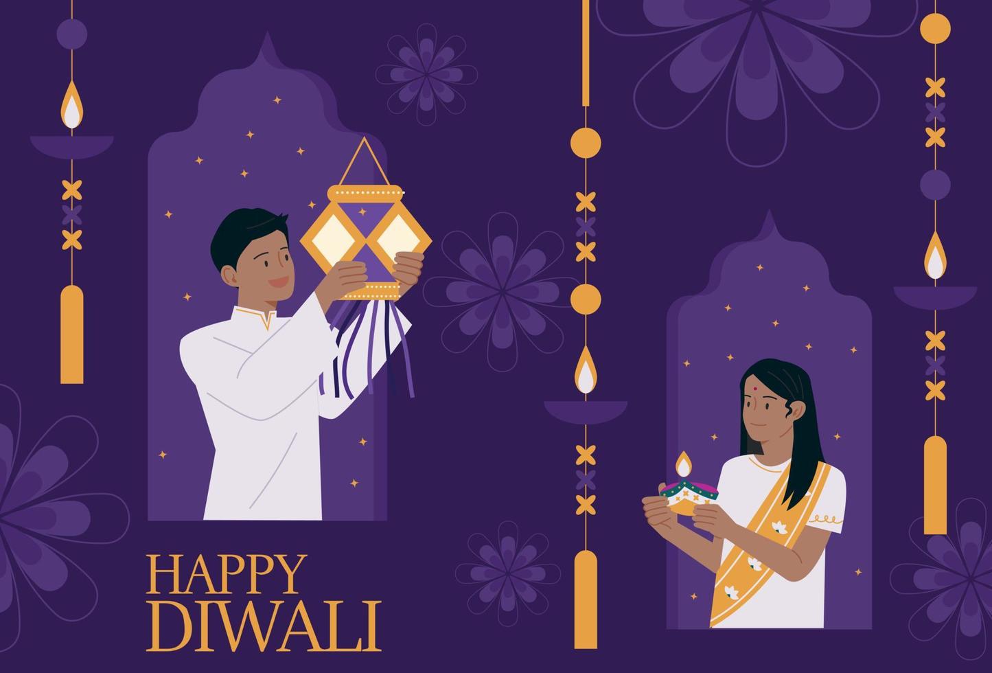A man and a woman in traditional Indian costumes hold lanterns and oil lamps in their hands. vector