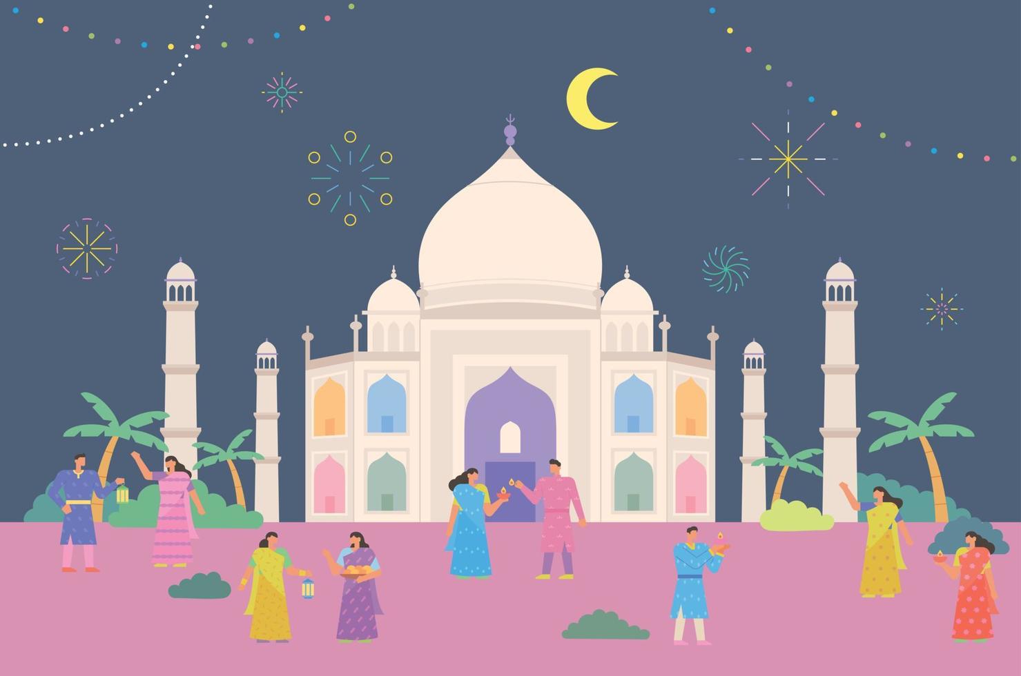 Many people enjoying the festival in front of the Taj Mahal in India. vector
