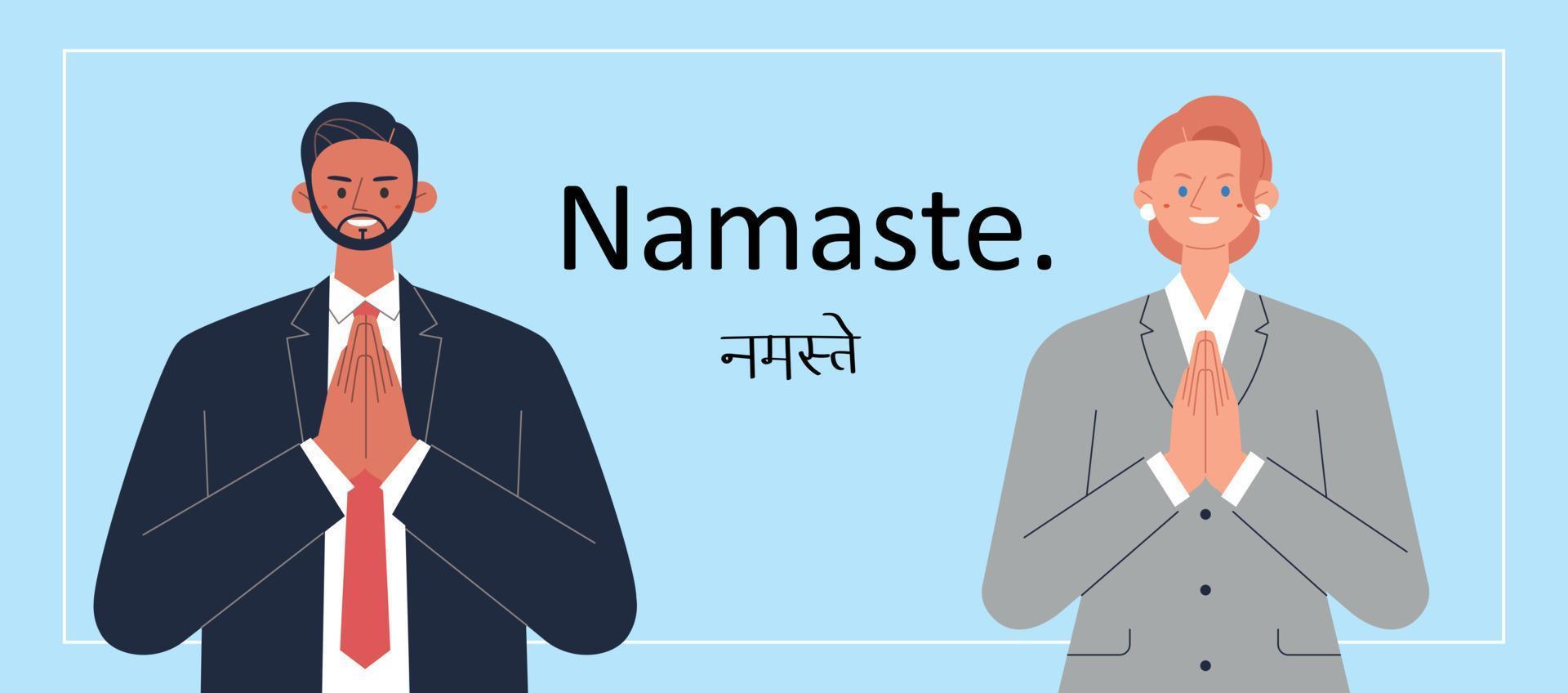 A businessman and a business woman are holding hands and giving an Indian greeting. vector
