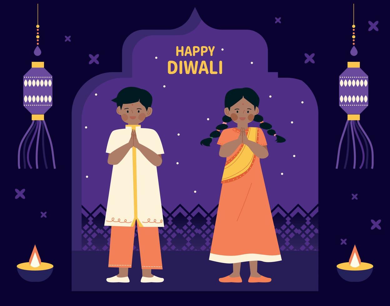 Cute children in traditional Indian costumes are holding hands and praying. Lanterns and oil lamps on a dark traditional background. vector