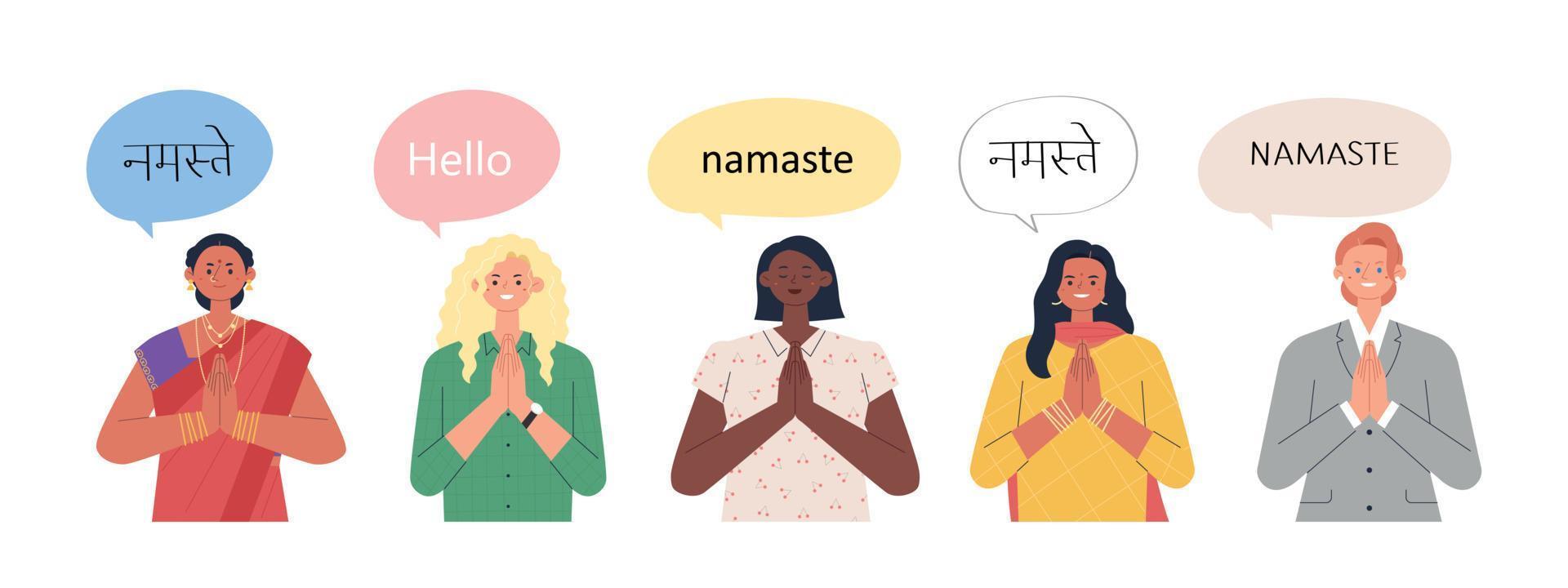 mujeres de diferentes razas se toman de la mano y dicen un saludo indio. Ilustración de vector de estilo de diseño plano