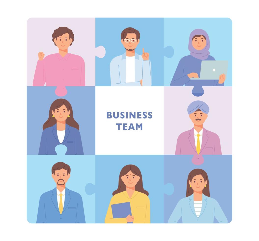 Puzzle layout concept banner. The faces of business team members are placed in each section. vector