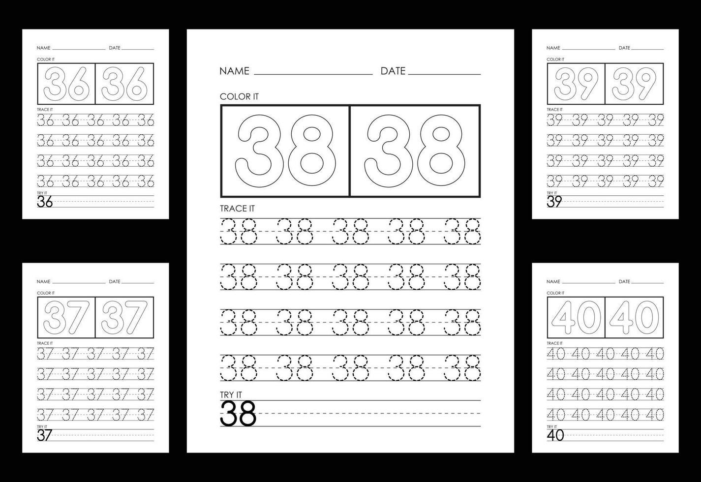 Tracing And Coloring Numbers Worksheets Learn Numbers. vector