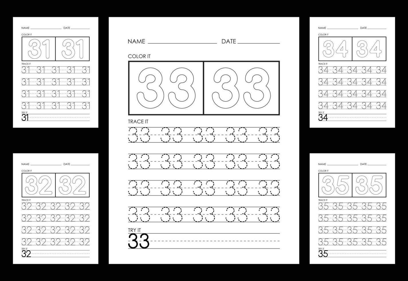 Tracing And Coloring Numbers Worksheets Learn Numbers. vector