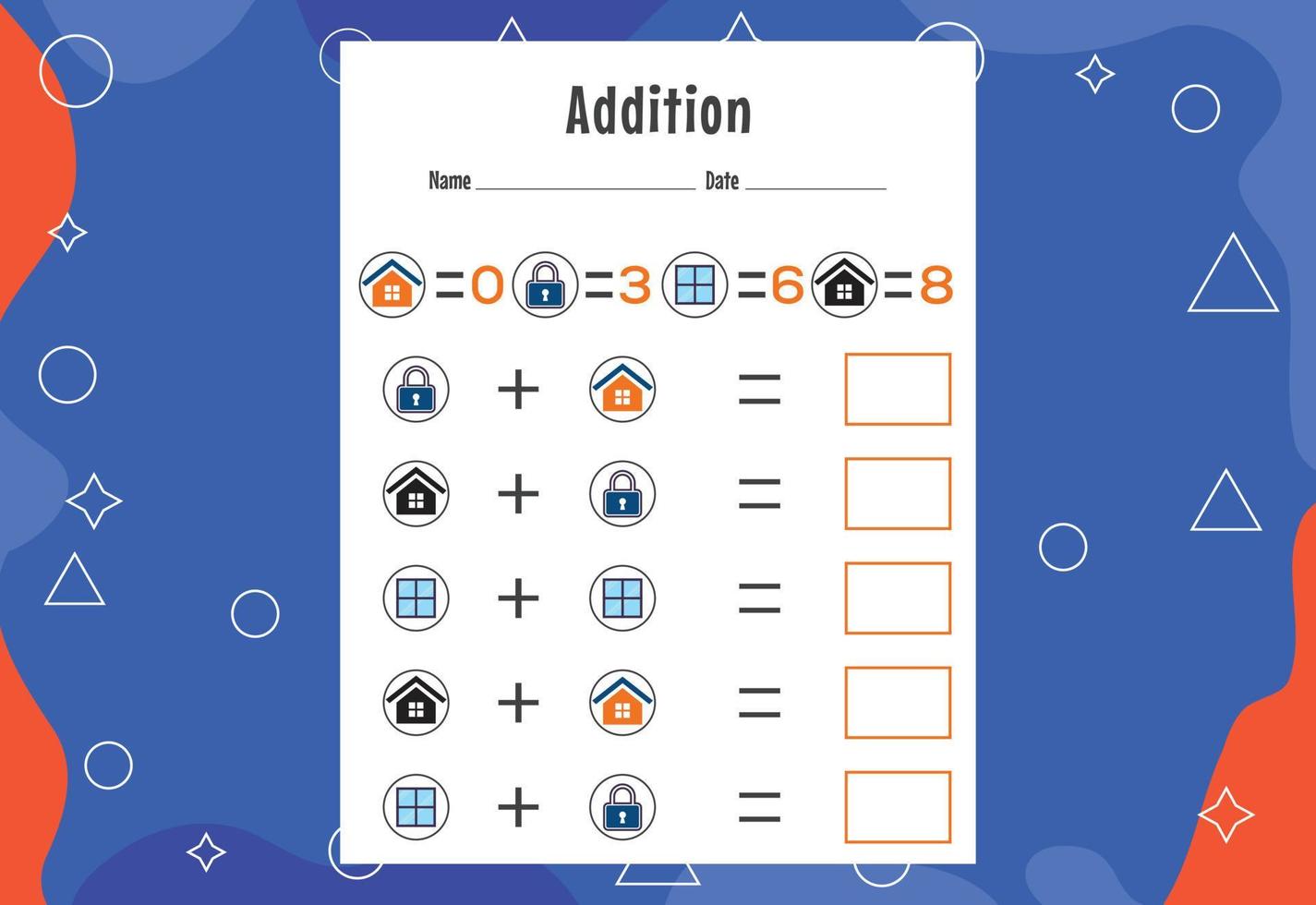 Addition with different elements for kids. An educational page for kids. Vector design