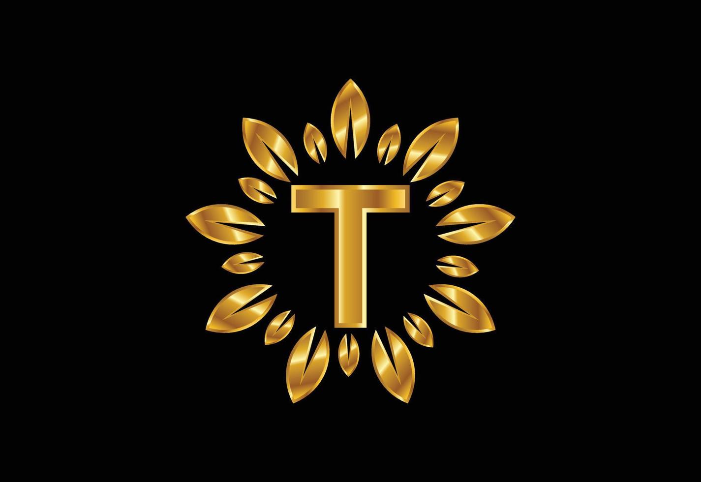 Initial T monogram letter alphabet with golden leaf wreath. Flower logo design concept vector