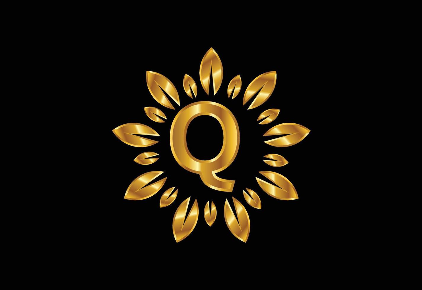 Initial Q monogram letter alphabet with golden leaf wreath. Flower logo design concept vector