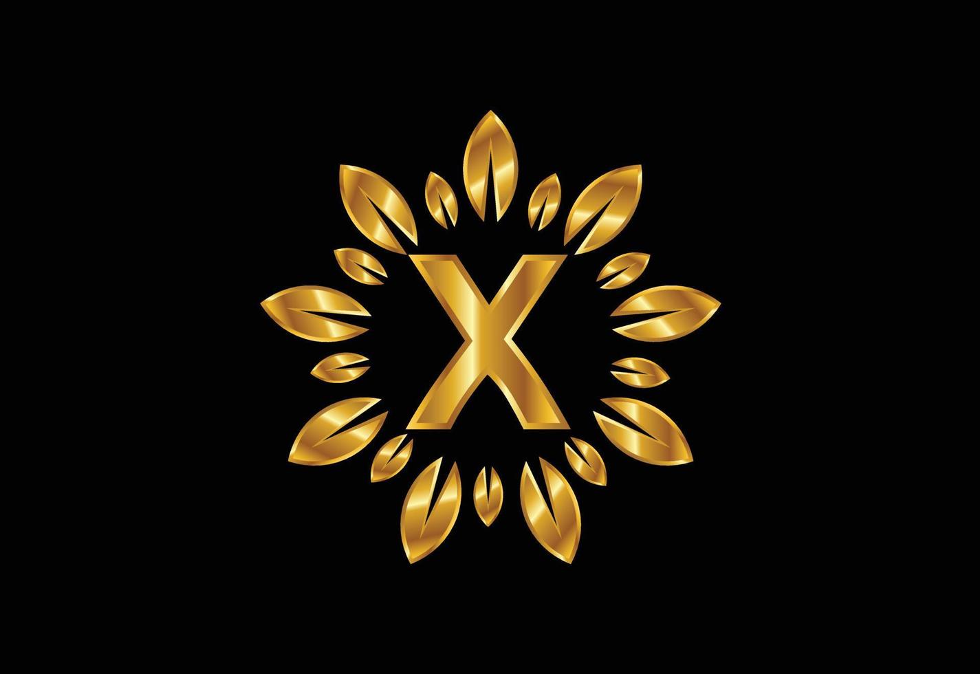 Initial X monogram letter alphabet with golden leaf wreath. Flower logo design concept vector
