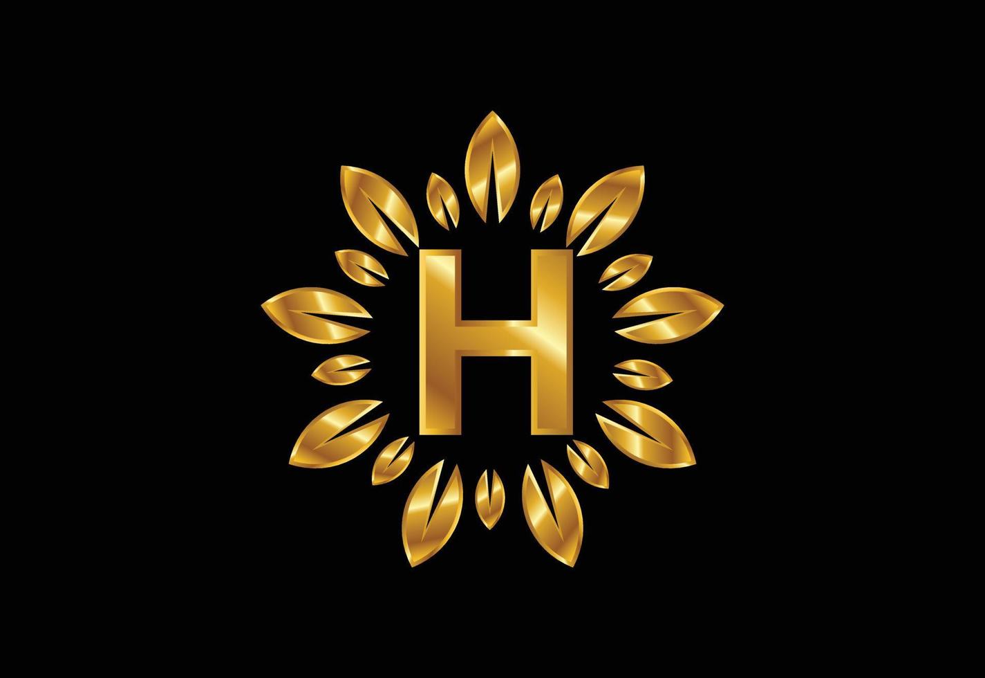 Initial H monogram letter alphabet with golden leaf wreath. Flower logo design concept vector