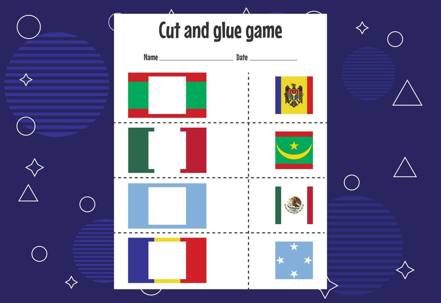 Cut and glue game for kids with country flag. Cutting practice for preschoolers. Education paper game for children vector