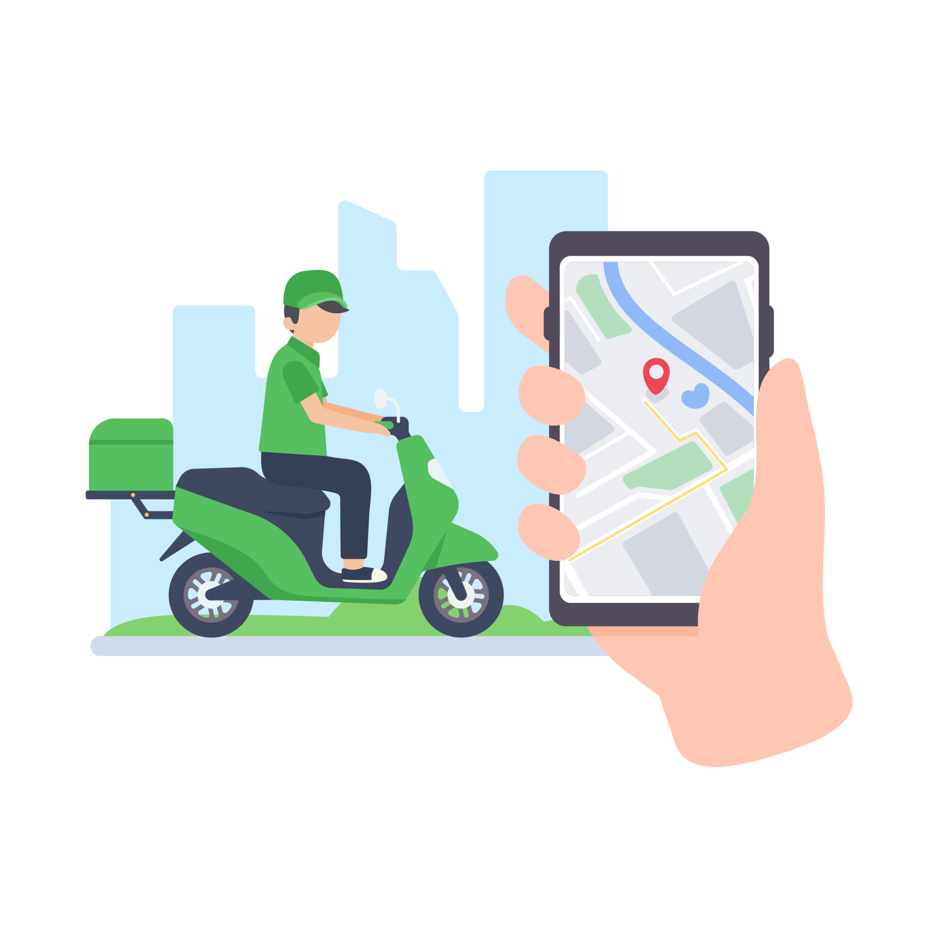The delivery driver drives through a mobile phone with a map screen. online food delivery concept 8449526 Vector Art at Vecteezy The delivery driver drives through a mobile phone with a map screen. online food delivery concept 8449526 Vector Art at Vecteezy