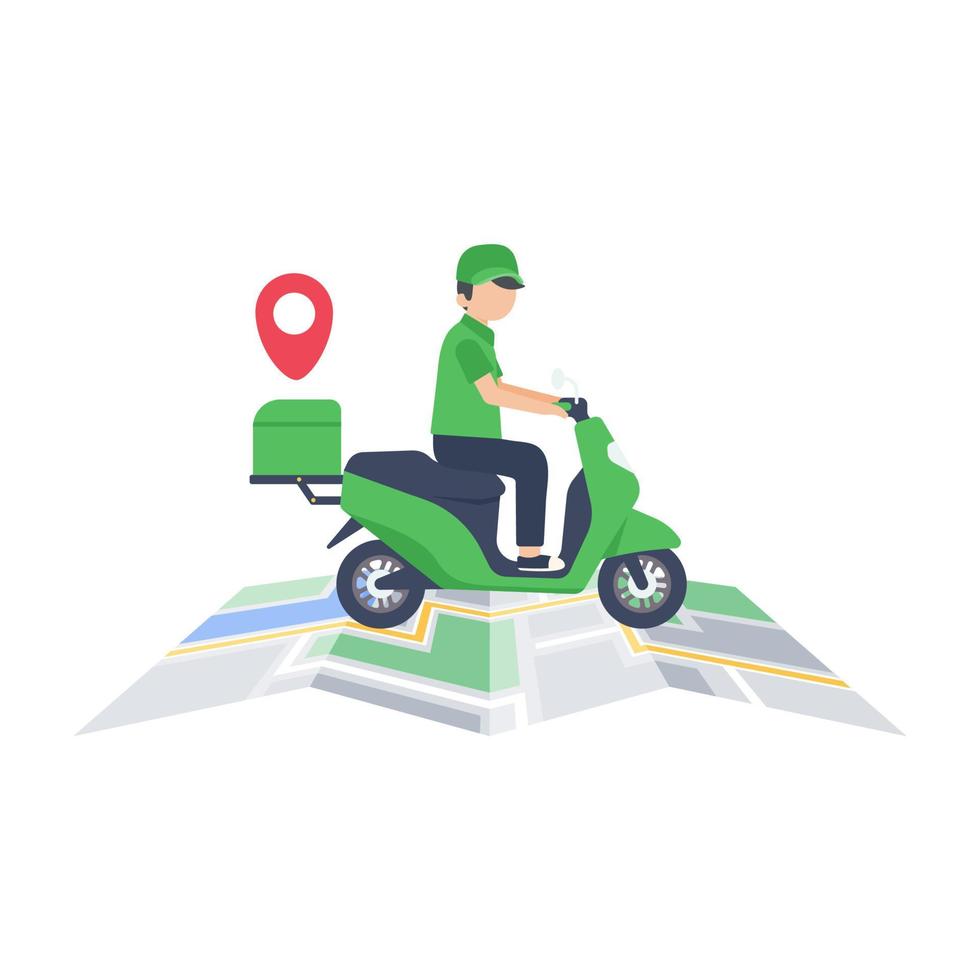 The delivery driver drives through a mobile phone with a map screen. online food delivery concept vector